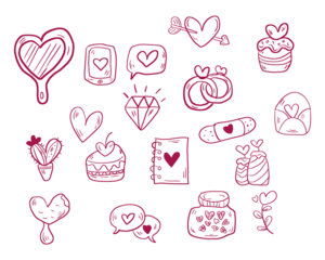 Minimal doodle icon set with wedding rings, hearts, letters, candles, jars and romantic gifts. Simple line style perfect for wedding invitations, Valentine designs, planners, stickers and greeting car