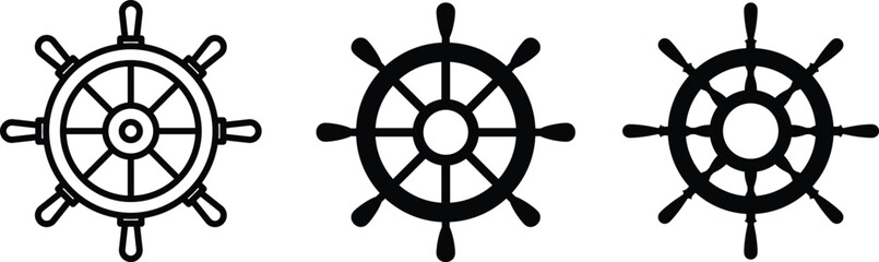 Set of fifteen vintage marine vector illustrations, including lifebuoys, ship steering wheels, traditional anchors with rope, fishing hooks, and powerful tridents.Ship wheel silhouettes. © Vector Store