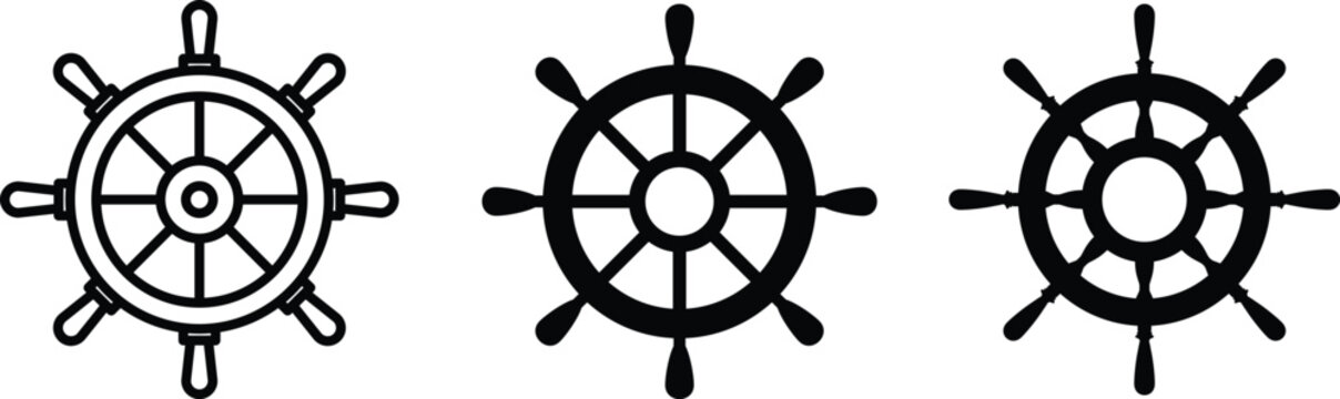 Set of fifteen vintage marine vector illustrations, including lifebuoys, ship steering wheels, traditional anchors with rope, fishing hooks, and powerful tridents.Ship wheel silhouettes.