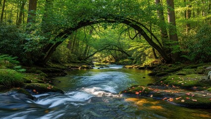 Enchanting stream flowing through a lush green forest with a natural arch of trees, surrounded by mossy rocks and vibrant foliage, creating a serene and magical natural landscape.