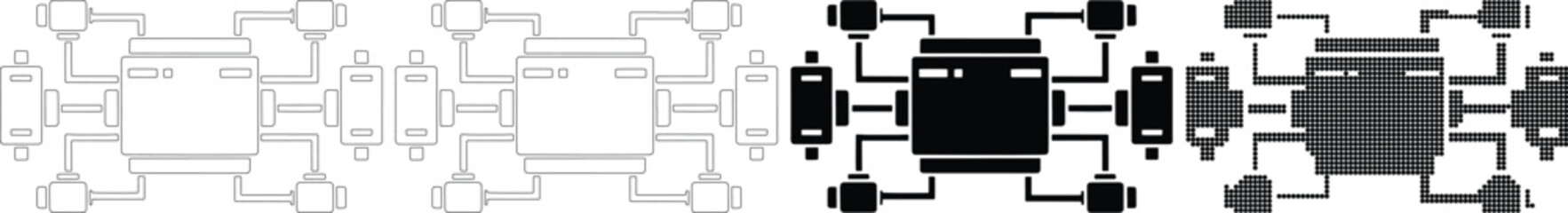 Four schematic diagrams of electronic circuit board components and connections technology