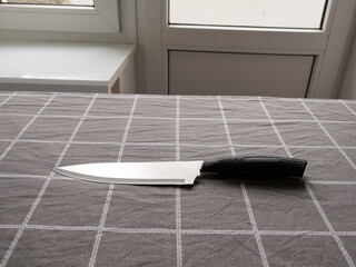 Kitchen knife with black handle lying on table near window, clean lines and minimalism.