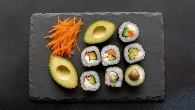Vegetarian sushi rolls with avocado and shredded carrots on a dark slate board, presented as a healthy meal.