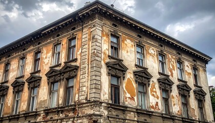 Fototapeta premium Weathered apartment building corner under cloudy sky