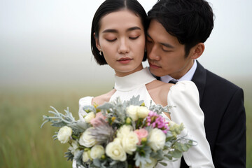 A couple stands close together, sharing a tender moment at their wedding. The bride holds a beautiful bouquet while the fog creates a dreamy backdrop. Generative AI.