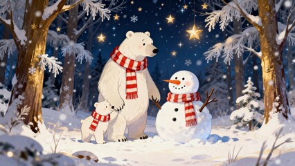 Polar bears and snowman in snowy forest