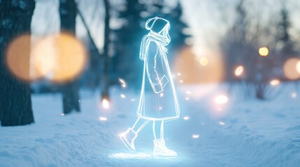 Person Walks on Snowy Path With Glowing Outline at Dusk