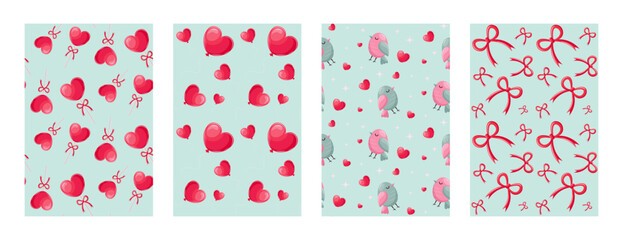 Vibrant cute seamless patterns set with lollypops, hearts, birds, baloons on blue backgrounds. Patterns for textile, fabric, posters, postcards, greeting cards, wrapping paper.  Vector illustration © Anna