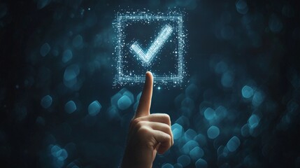 Hand points to a glowing check mark in a digital space showing approval and completion with a dark background