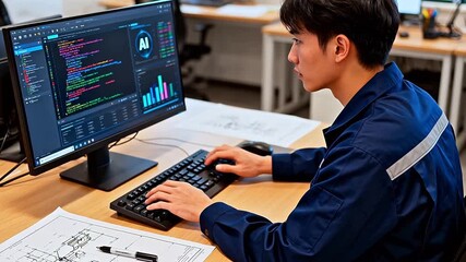 Man working on computer with AI code - Powered by Adobe