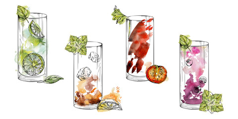 Ink highball collins glasses with lemonade, berry juices or alcoholic cocktails, mint leaves garnish. Refreshing watercolor accents. Hand drawn for summer branding, bar labels, vendor board stickers. © Elena