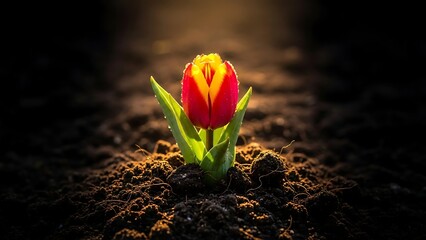 A vibrant tulip emerging from the dark soil in a dramatic close-up photograph