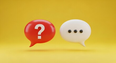 Two speech bubbles one red with a question mark and one white with three dots on yellow background representing conversation or communication questions and dialogue