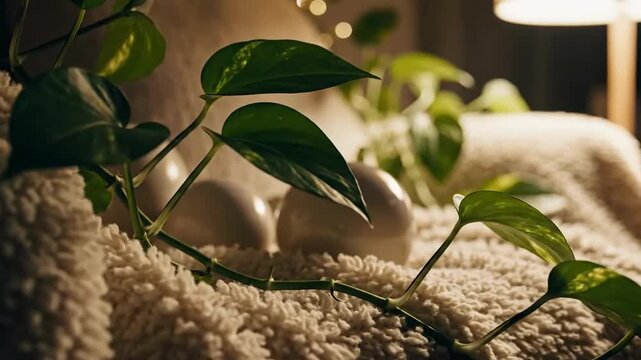 Cozy Indoor Ambience Golden Pothos Leaves Delicate Warm Lighting On Fluffy Textile Surface