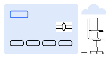 Digital payment, travel, online transactions, aviation booking, minimalism, modern tech. Abstract credit card design with airplane seating and cloud motif. Digital payment and travel concept