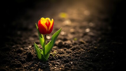 A single red tulip blooming in the soil with green leaves, viewed from the side in a dramatic lighting