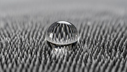 Close-up of a perfectly spherical water droplet magnificently perched on an advanced superhydrophobic textured material, showcasing exceptional surface tension and liquid repellency