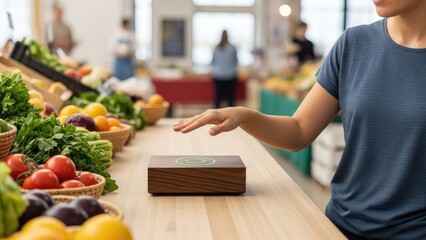 Woman interacts with a futuristic touchless smart device, enhancing the shopping experience amidst vibrant fresh produce at a modern grocery store