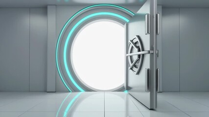 Futuristic door opens to reveal a bright doorway in a sleek, modern room with neon accents