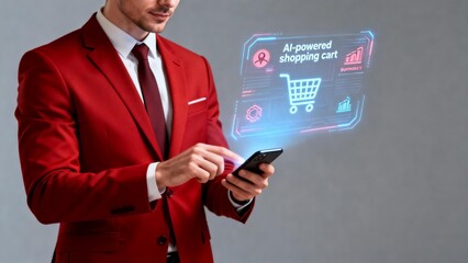 Man in red suit using AI shopping cart