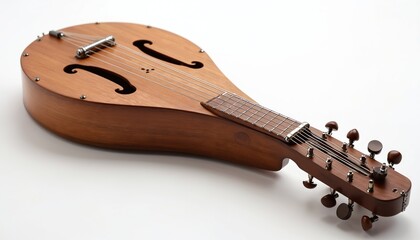 Beautiful wooden dulcimer instrument with strings. Acoustic stringed instrument for folk music performance. Crafted wooden body with ornate f holes for rich sound.