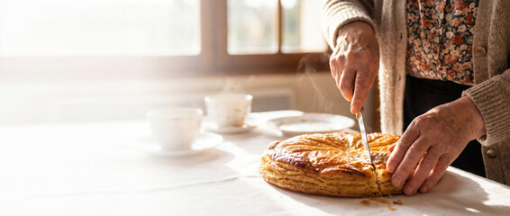 Close-up of senior hands cutting a steaming Galette des Rois. Traditional French Epiphany cake on a sunlit table with tea cups. Cozy holiday atmosphere with copy space.