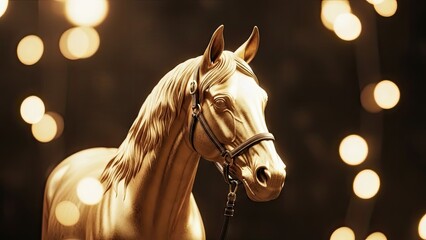 Elegant golden horse sculpture with intricate detailing, illuminated by a mesmerizing array of soft bokeh lights, creating an atmosphere of luxury, celebration, and artistic refinement