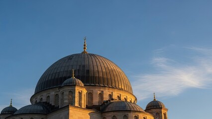 Naklejka premium Grand architectural dome of a mosque against a clear blue sky, showcasing intricate design and religious significance