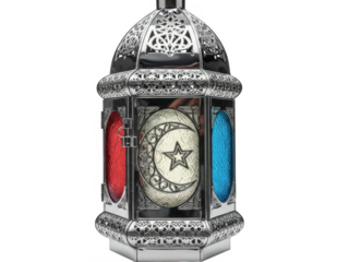 Intricate metal lantern with colored glass panels isolated on transparent background