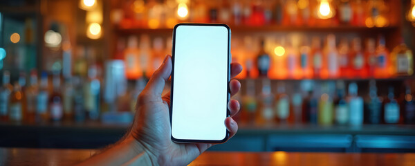 Person holds blank screen smartphone at bar counter. Blurred colorful bottles on shelves create vibrant background. Focus on digital device, nightlife setting, connectivity, modern lifestyle choice.