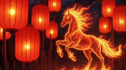 Fiery horse silhouette amidst traditional red lanterns, evoking a mythical and celebratory atmosphere with vibrant energy