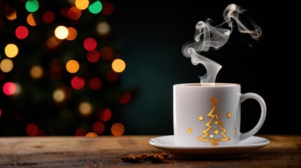 Cozy Christmas Coffee Mug with Steam and Festive Tree Design Against Colorful Holiday Lights Background