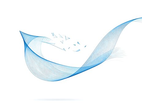 Blue, wave-like design on white background, with fragmented triangles emanating - Powered by Adobe