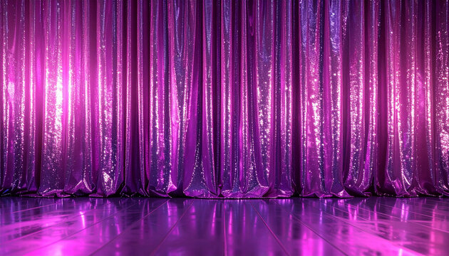 Shimmering violet sequin curtain with vertical lines, reflective surface, glowing stage light, festive and glamorous atmosphere, perfect for party or event backdrop