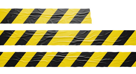 Crumpled Yellow and Black Hazard Warning Tape Isolated on White Background
