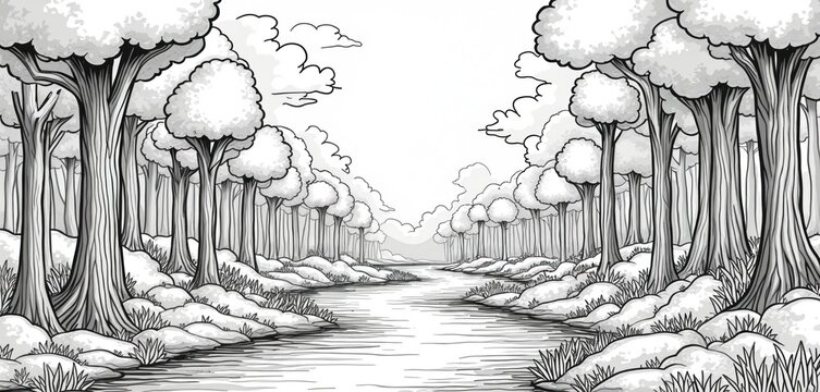 Black and white forest line art illustration of a tranquil river flowing through dense trees. Suitable for coloring pages for kids and adults for relaxation and creative expression. - Powered by Adobe