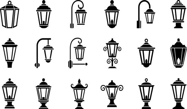 Professional Garden and Street Lantern Icons featuring Decorative Outdoor Lamps Classic Wall Lights and Traditional Post Lamp Silhouettes for Architecture Design