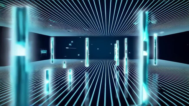 Futuristic neon-lit room with glowing blue lines and pillars