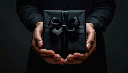Hands presenting elegant black gift box with satin ribbon, dramatic lighting creates sense of mystery and luxury, perfect for special occasions or celebrations