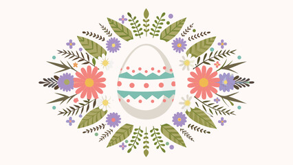Easter egg surrounded by colorful flowers and leaves