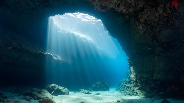 underwater cave with dramatic light rays and deep blue ocean atmosphere for cinematic mysterious nature background design