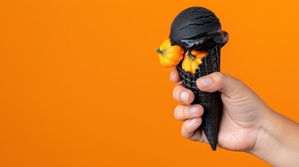 Black ice cream cone with pumpkin toppings held by a hand against a vibrant orange background