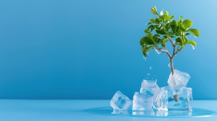 Green Plant Growing from Ice Cubes Surrounded by Water Drops on Blue Background