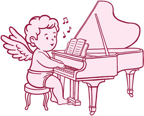 Cute cartoon cupid playing piano line art illustration.