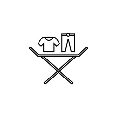 Clothes drying rack icon. Stand for dryer clothes. Portable folding clothes drying rack with a shirt and pants. Isolated vector illustration on white background.