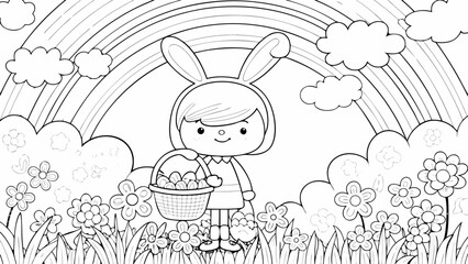 Little girl in bunny ears holding Easter eggs under rainbow