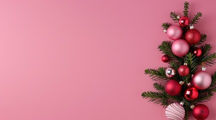 Festive Christmas Tree Arrangement with Red and Pink Ornaments on Soft Pink Background for Holiday Celebrations