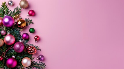 Colorful Christmas Ornaments and Green Pine Branches on Soft Pink Background for Holiday Celebrations and Festive Spirit