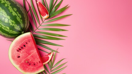 Fresh Watermelon Slices and Green Palm Leaves on Vibrant Pink Background for Summer Fruit Theme