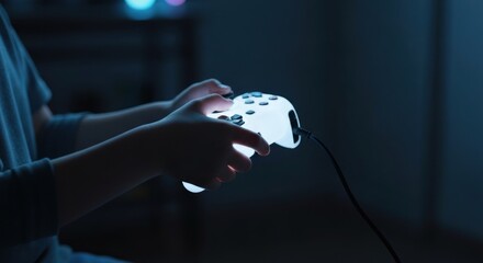 Person gripping illuminated game controller in dim lighting